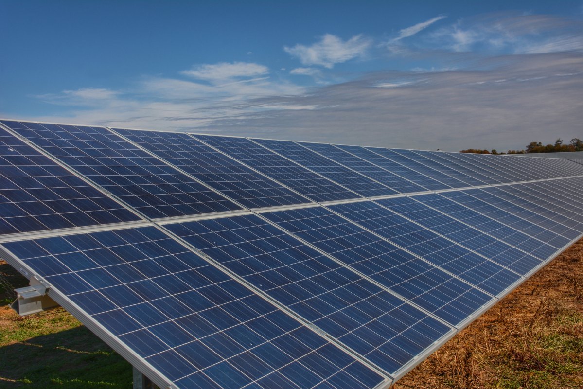 A solar panel takes up most of the image, with grass visible below and a cloudy sky above.