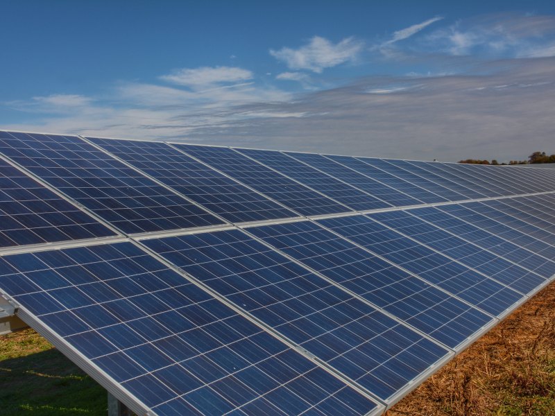 A solar panel takes up most of the image, with grass visible below and a cloudy sky above.