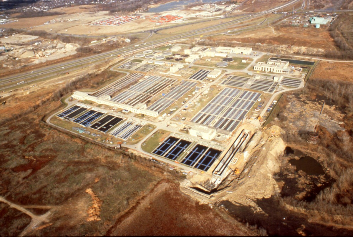 An aerial view of a wastewater treatment plant.