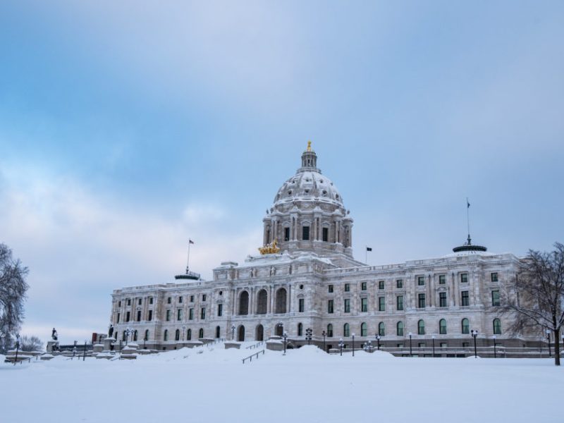 Snow blankets the Minnesota State Capitol building in St. Paul in February 2018.