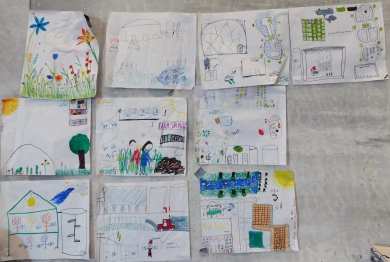 Chicago public school students' drawings on display within the digester facility.