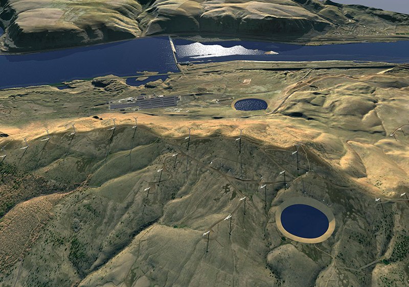 A diagram of a pumped hydropower storage facility in Washington, where water from above a dam is carried to higher up pools.