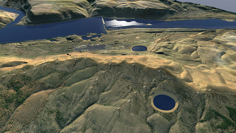 A diagram of a pumped hydropower storage facility in Washington, where water from above a dam is carried to higher up pools.