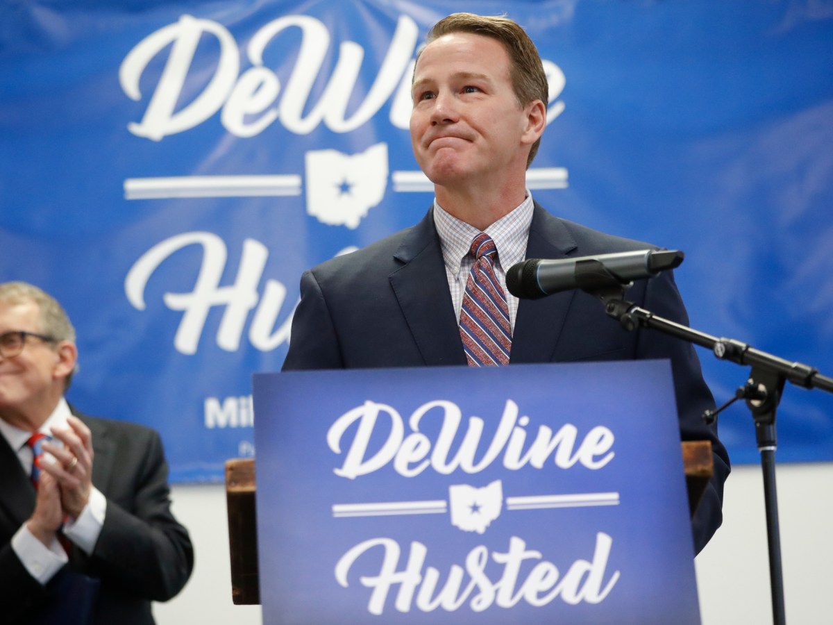 Jon Husted speaks alongside Mike DeWine during a 2017 news conference to announce their decision to share the ticket in their bid for the Ohio governorship.