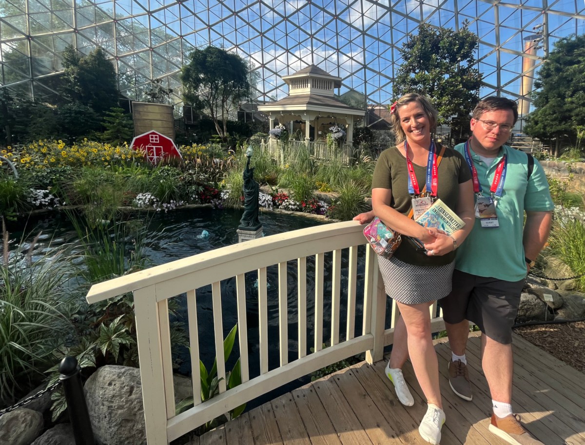 Republican National Convention attendees Katie Bowen and William Maloney at a conservative climate event during the convention at Milwaukee’s botanical garden domes in Mitchell Park.