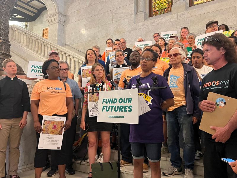 Samarra Meek with SEIU Local 26 speaks in favor of funding for the Minneapolis climate plan at a June 7 rally at city hall.