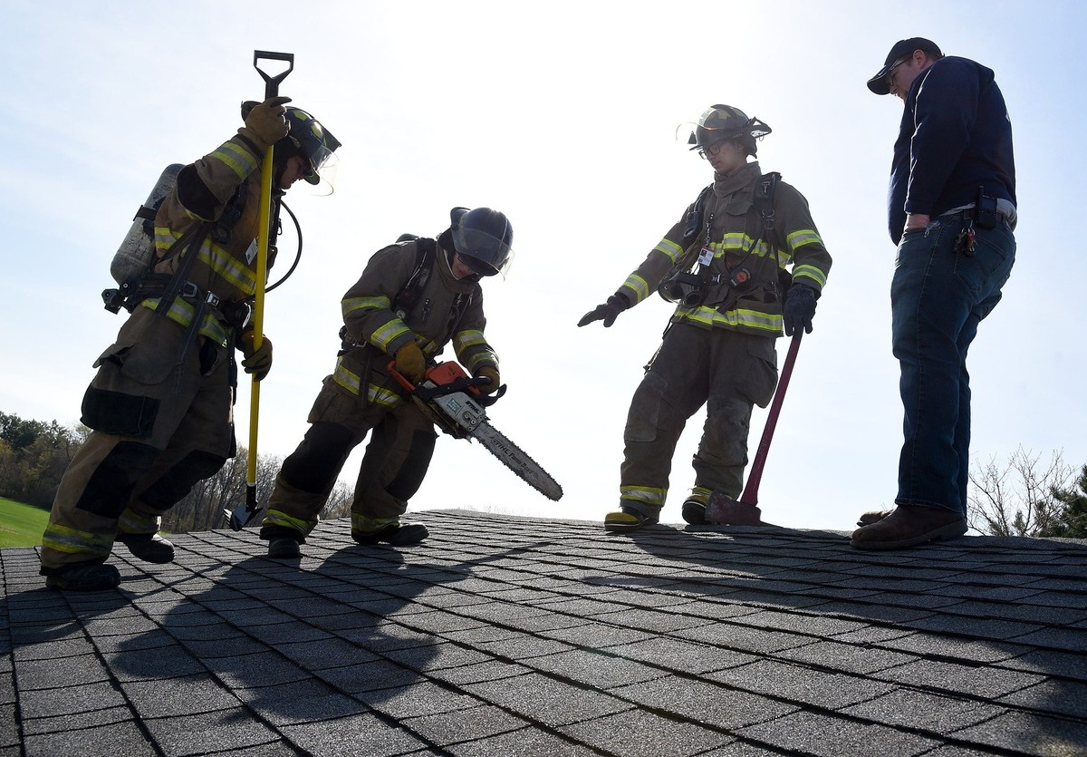 Firefighters train on a rooftop